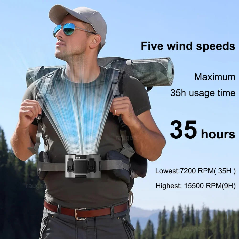 Ergonomic rechargeable waist fan, providing hands-free personal cooling for active users.