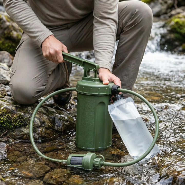 Portable water filter pump for outdoor adventure & camping. Ensures clean drinking water for hiking & survival.
