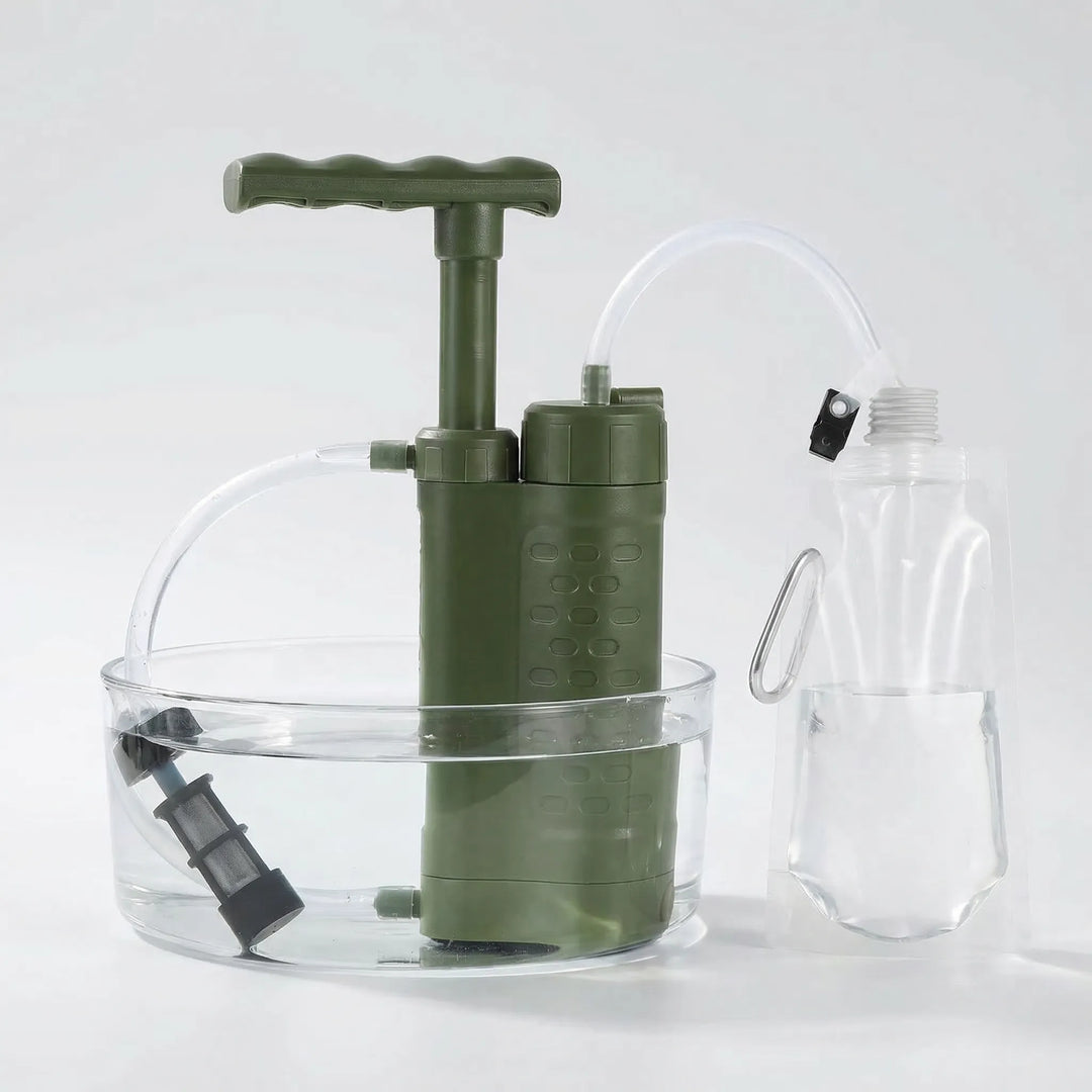 Emergency survival water filtration pump. Essential gear for clean, safe drinking water during outdoor emergencies.