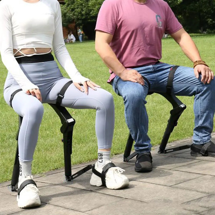 Portable wearable exoskeleton chair for travel & outdoor activities, lightweight folding design, black.