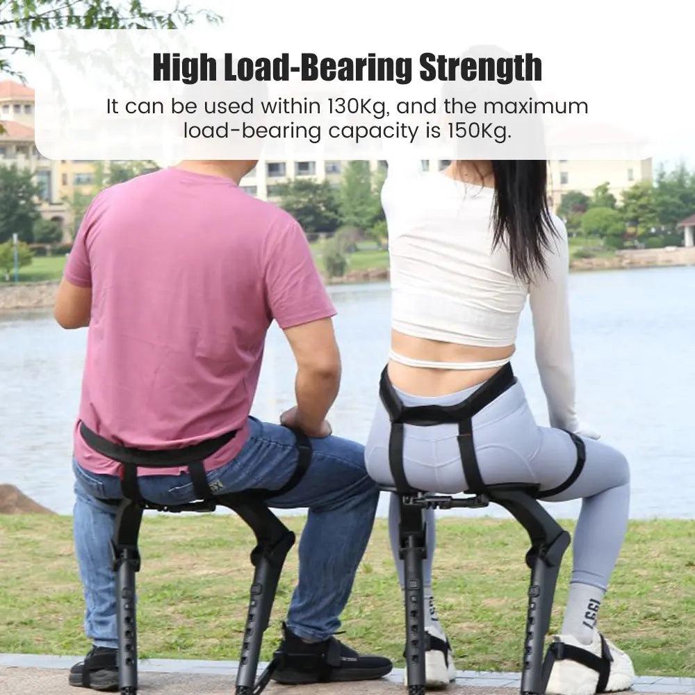 Ergonomic wearable stool, 'Exon' folding chair, provides instant seating for outdoor adventures.