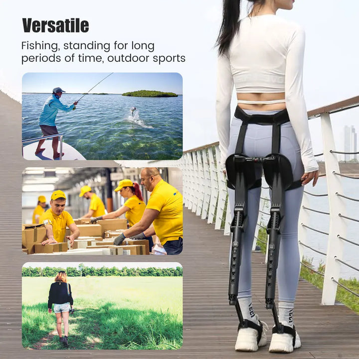 Wearable exoskeleton chair, black sturdy design, perfect for hiking, concerts, and portable seating.