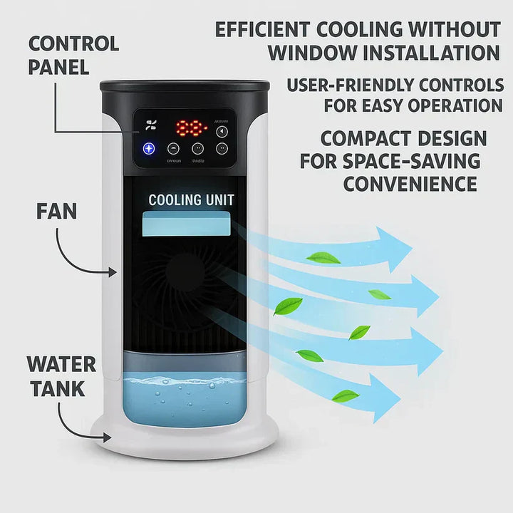 Energy-efficient portable air conditioner, a quiet room cooler for home office or bedroom comfort.
