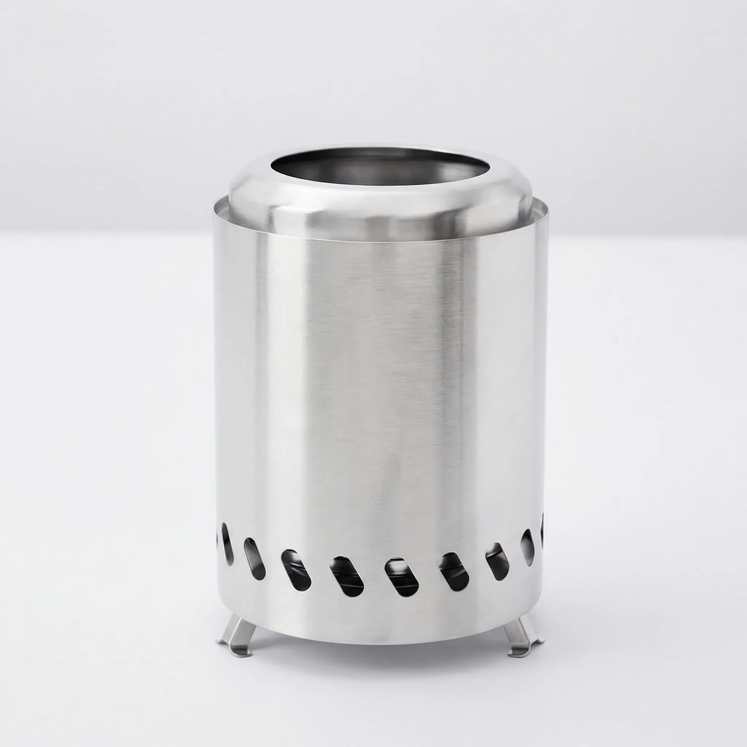 Stainless steel wood burning survival stove for bushcraft & hiking gear. Compact & efficient.