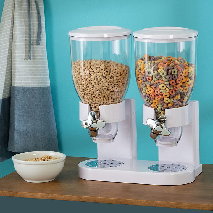 Double dry food dispenser by PortionMate, kitchen organization with two transparent containers