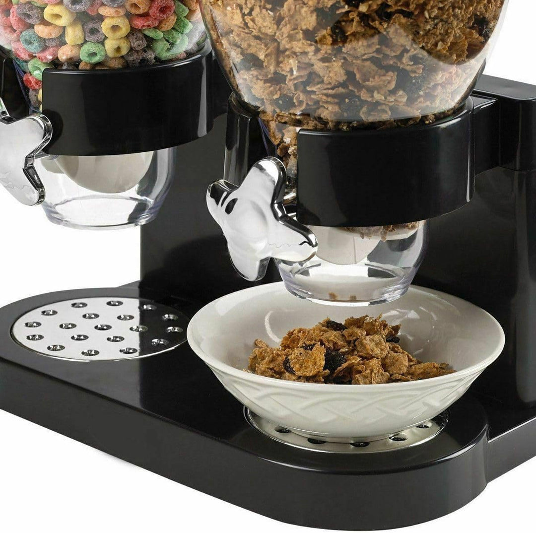 Close-up of PortionMate double cereal dispenser dispensing cereal into a bowl, showing portion control
