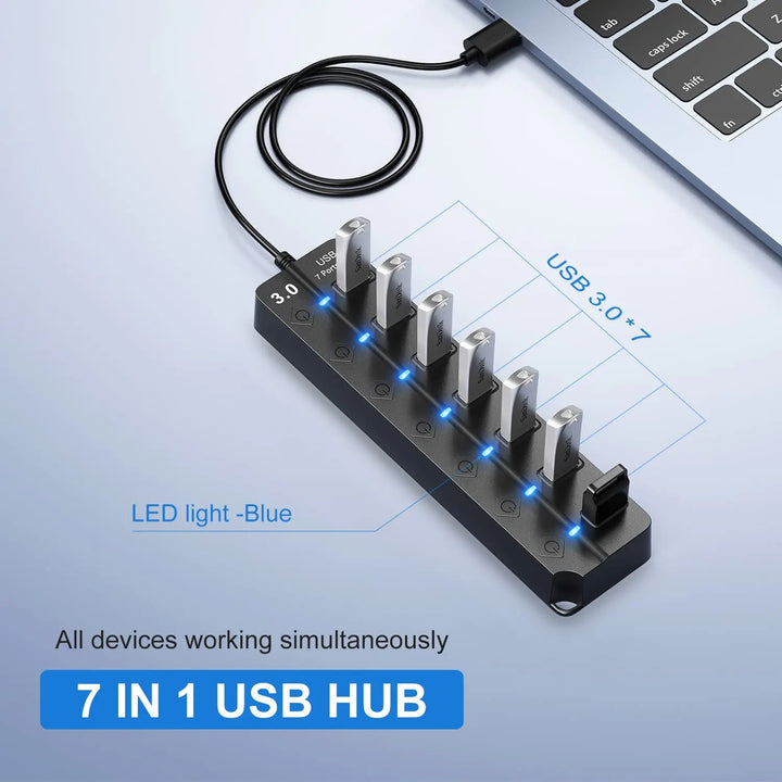 Desktop view: PortMaster 7-Port USB 3.0 Hub connected to a laptop, expanding connectivity options