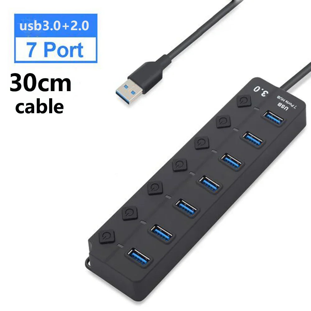Detailed view of the USB 3.0 Type-A ports on the PortMaster 7-port hub, with power switches engaged