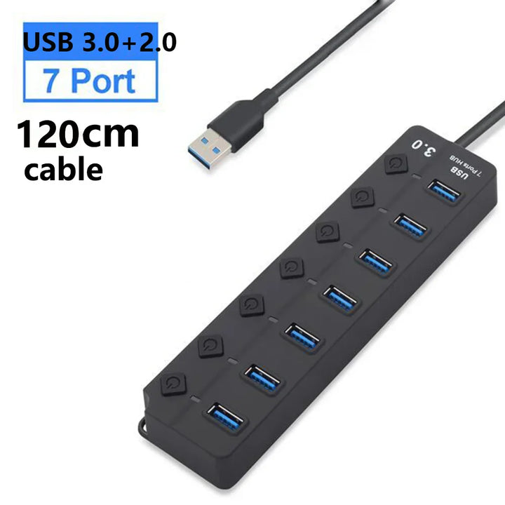 PortMaster 7-Port USB 3.0 Hub in white, providing high-speed data transfer and individual power control