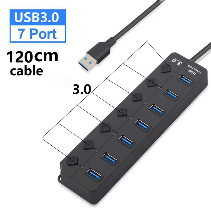 Ergonomic PortMaster 7-Port USB 3.0 Hub, a computer gadget enhancing peripheral management and power control