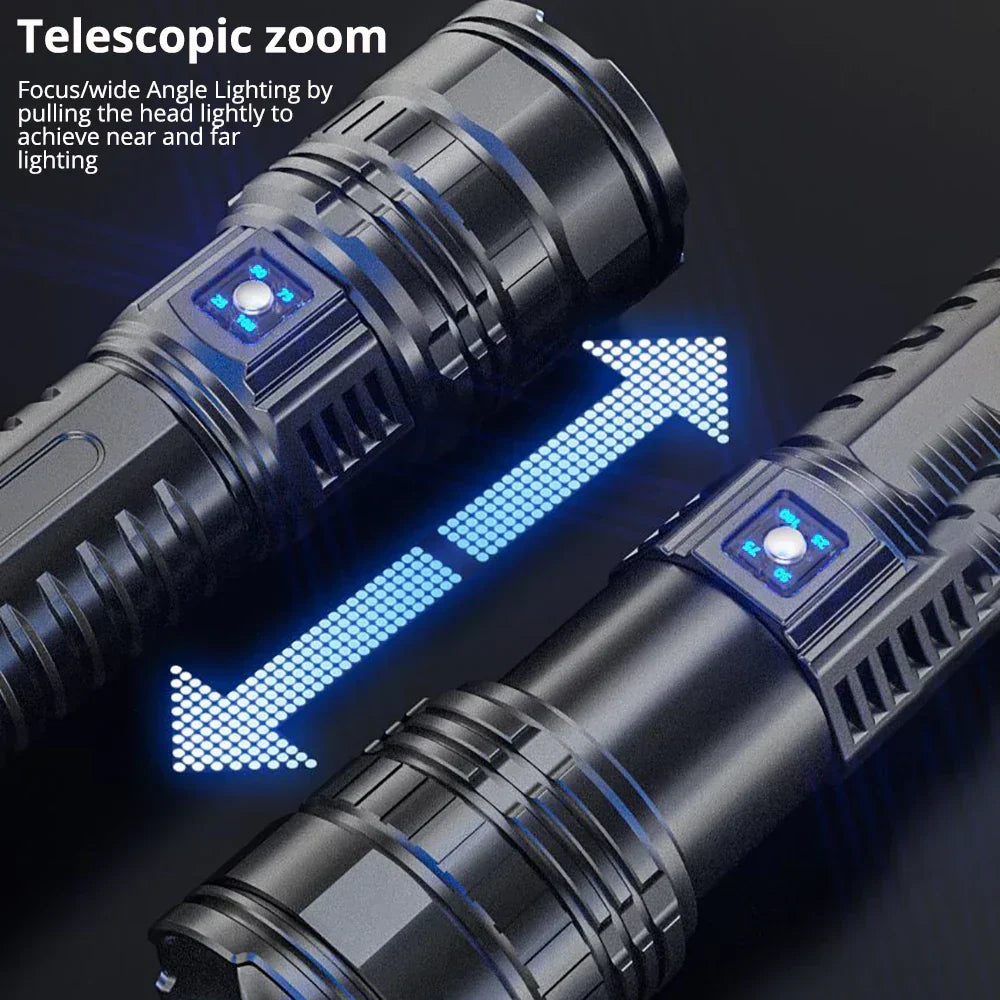 Bright 10000 lumen LED flashlight with rechargeable battery. Powerful torch for outdoor & emergency use.