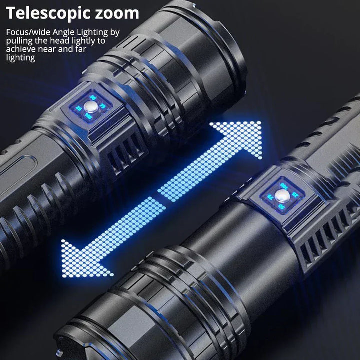 Bright 10000 lumen LED flashlight with rechargeable battery. Powerful torch for outdoor & emergency use.