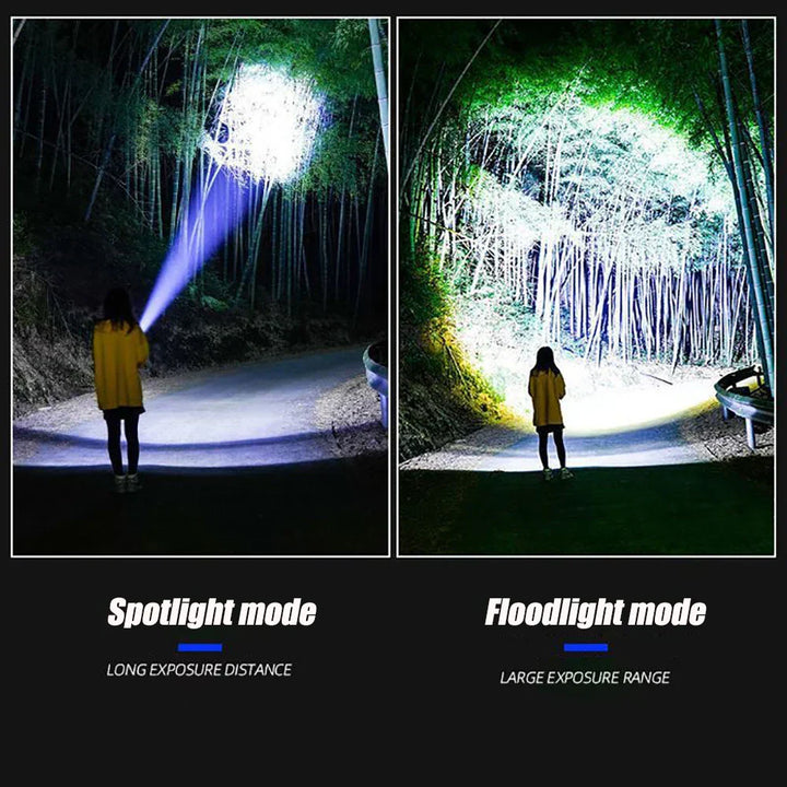 Durable 10000 lumen rechargeable LED torch, perfect for outdoor exploration, emergency & powerful lighting.