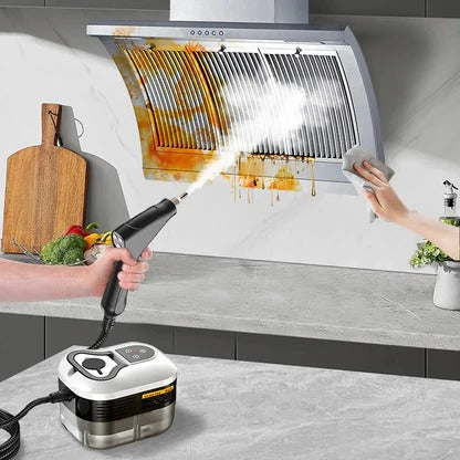 Portable high-pressure steam cleaner for effective auto detailing, stain removal, and germ killing on surfaces.