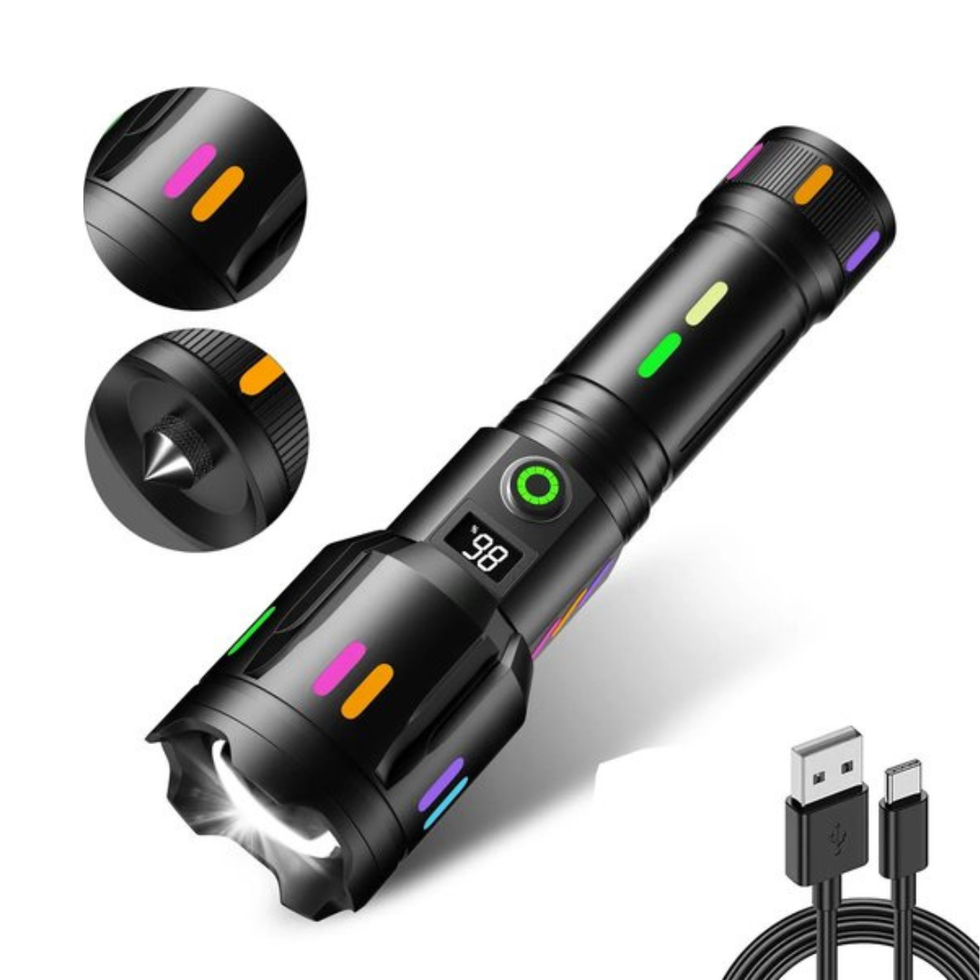 Powerful military-grade LED tactical flashlight, high lumen output, durable for outdoor adventures & emergencies.