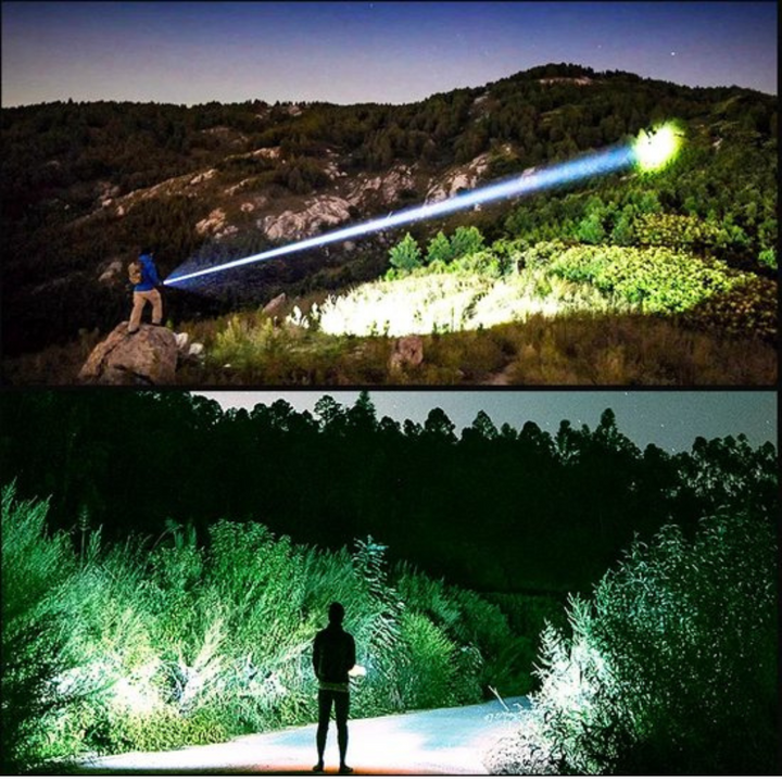 Bright LED tactical flashlight beam illuminating a dark path; high lumen, essential outdoor gear for hiking.