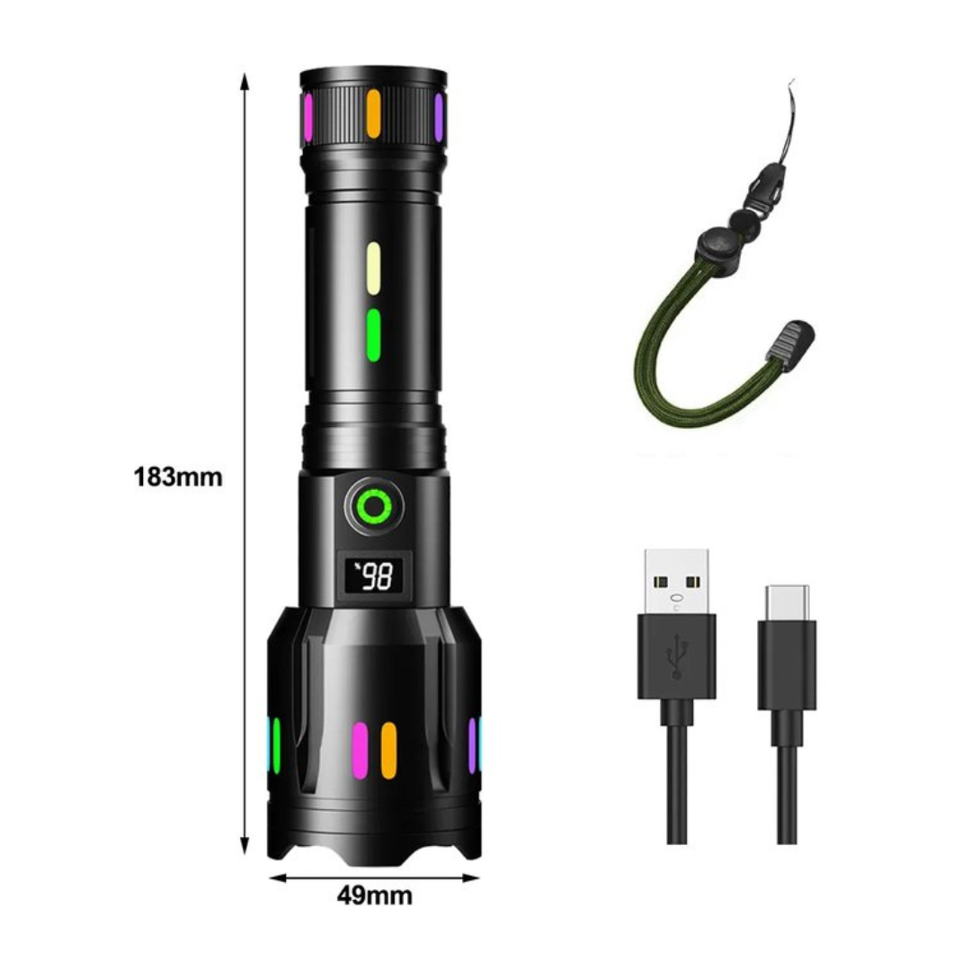 Hand holding a durable military-grade LED tactical flashlight, ready for camping, hiking & emergency use.