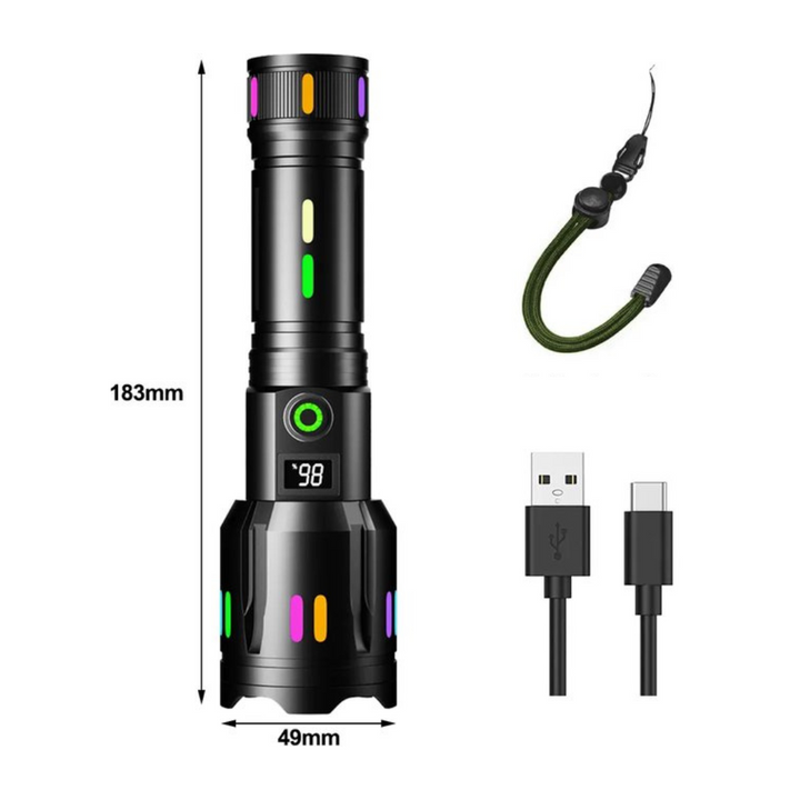 Hand holding a durable military-grade LED tactical flashlight, ready for camping, hiking & emergency use.