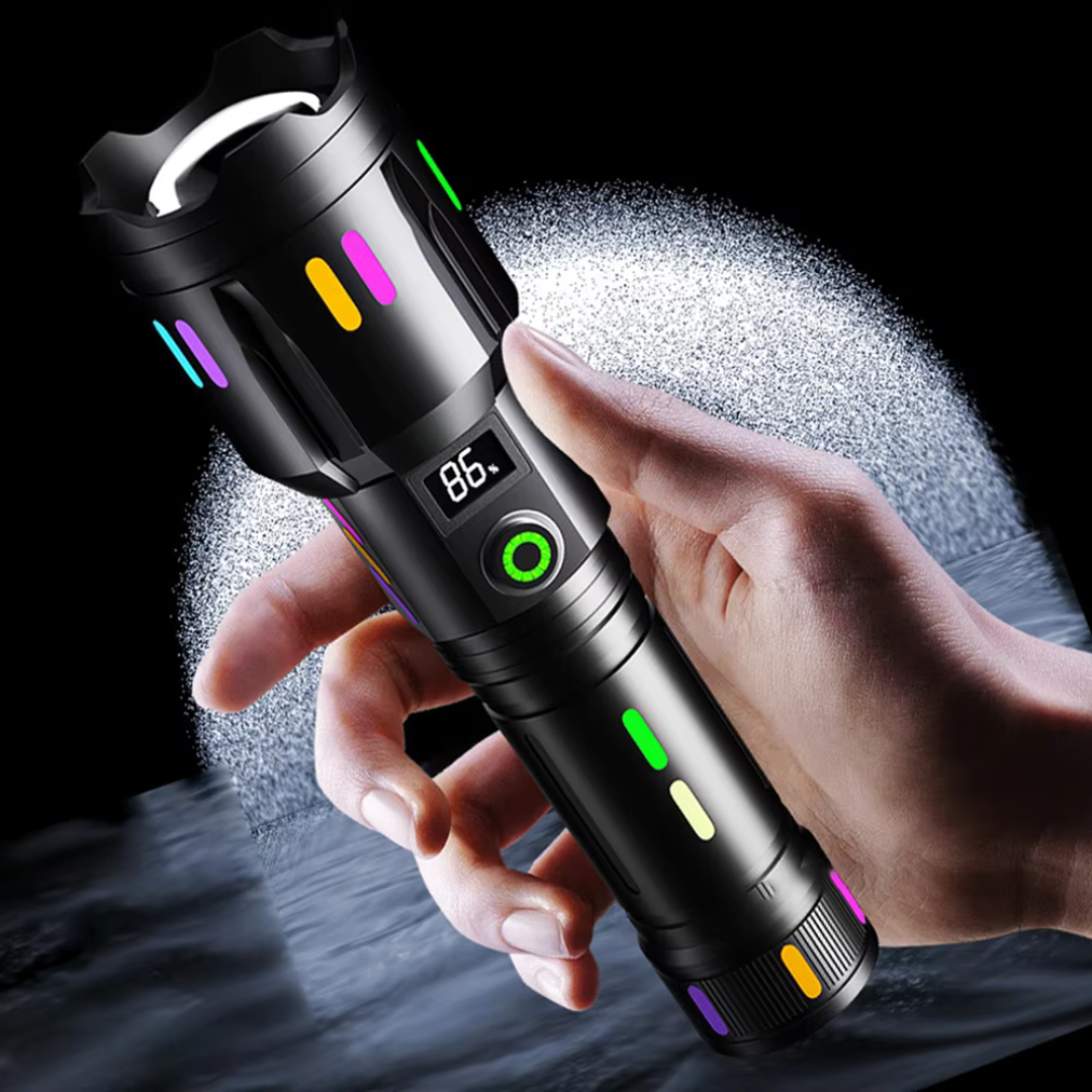 Rechargeable LED tactical flashlight, a powerful & durable outdoor gear essential for camping & emergency light.
