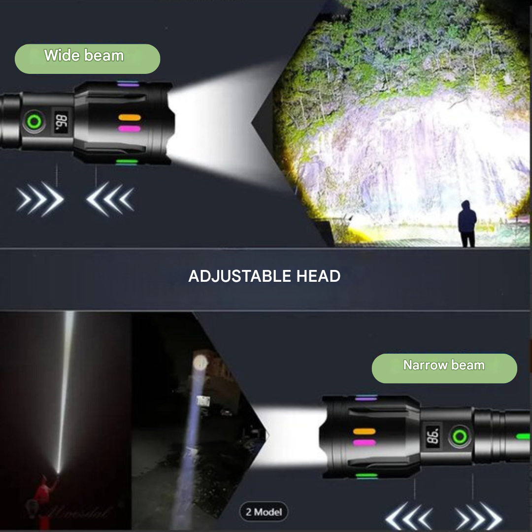 LED tactical flashlight illuminating a tent at night, powerful outdoor gear for camping, hiking & emergencies.