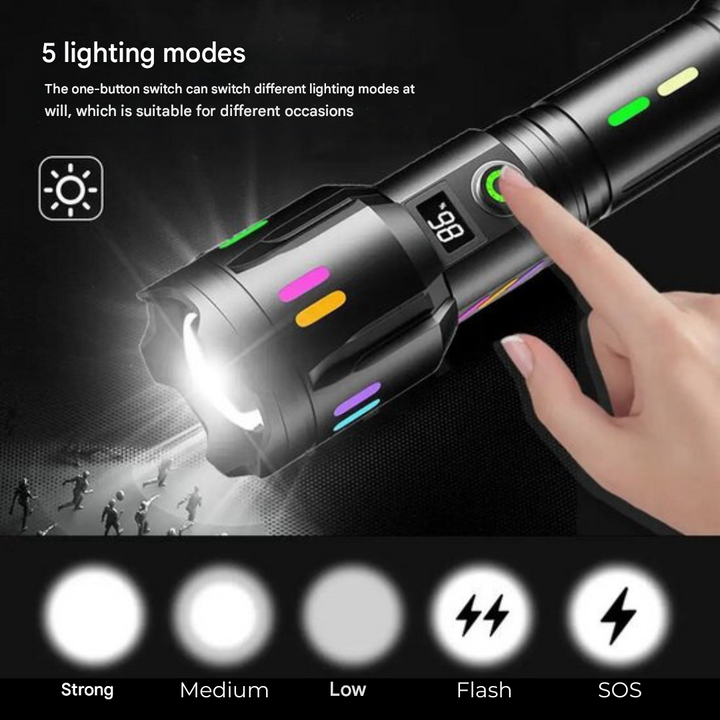 Reliable LED tactical flashlight for emergency preparedness, durable high lumen light for power outages & outdoor safety.