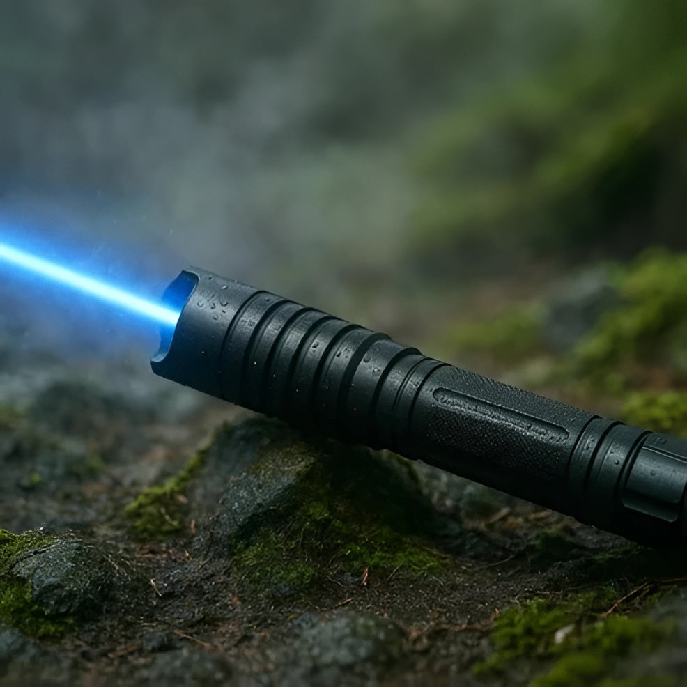 Powerful tactical blue laser torch for outdoor survival, camping & fire starting.