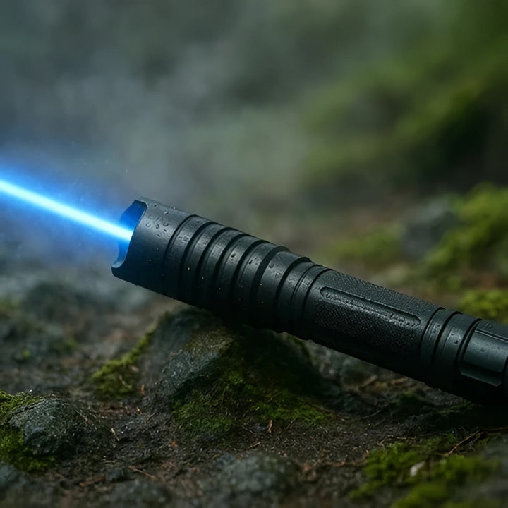 Powerful tactical blue laser torch for outdoor survival, camping & fire starting.