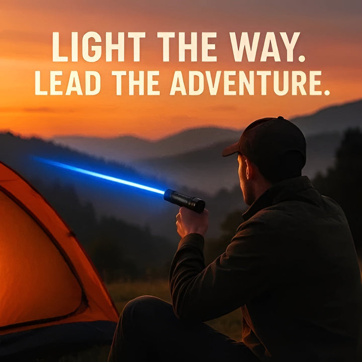 Portable tactical laser torch with a strong blue beam for outdoor survival and fire starting.