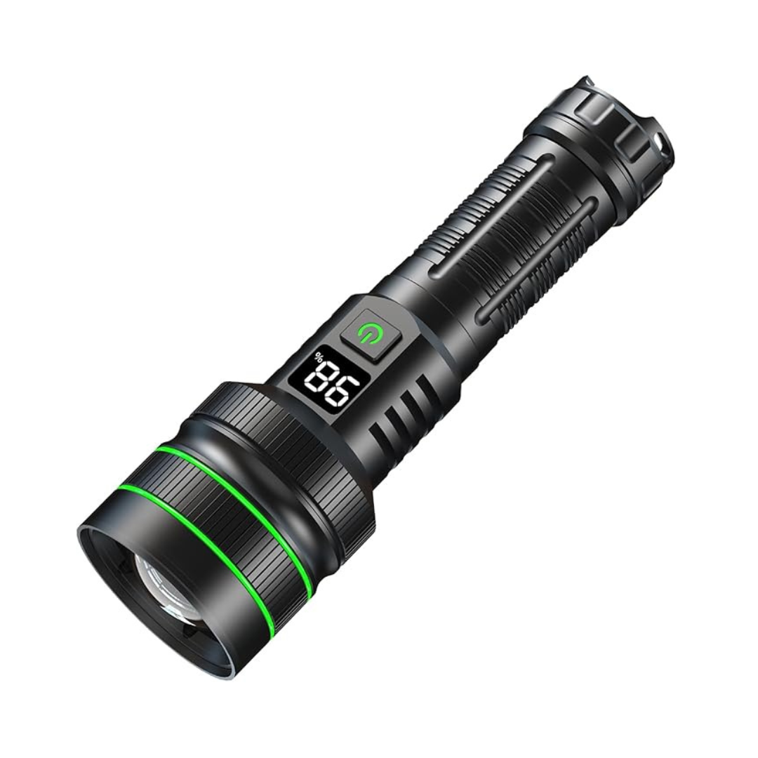 Powerful zoomable LED flashlight for camping. Bright torch, durable outdoor gear, USB rechargeable.