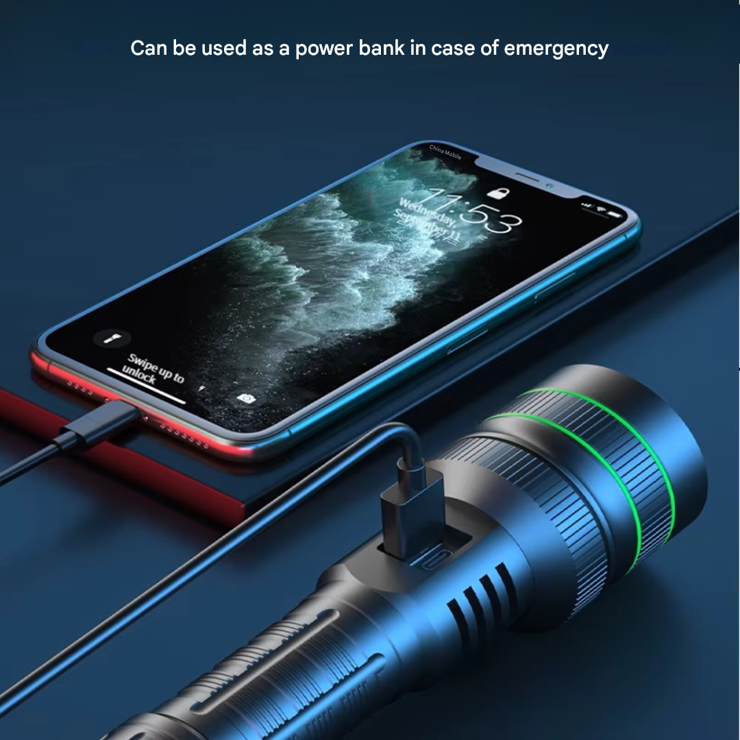 Bright LED flashlight, powerful zoomable torch for camping, outdoor, and emergency situations.