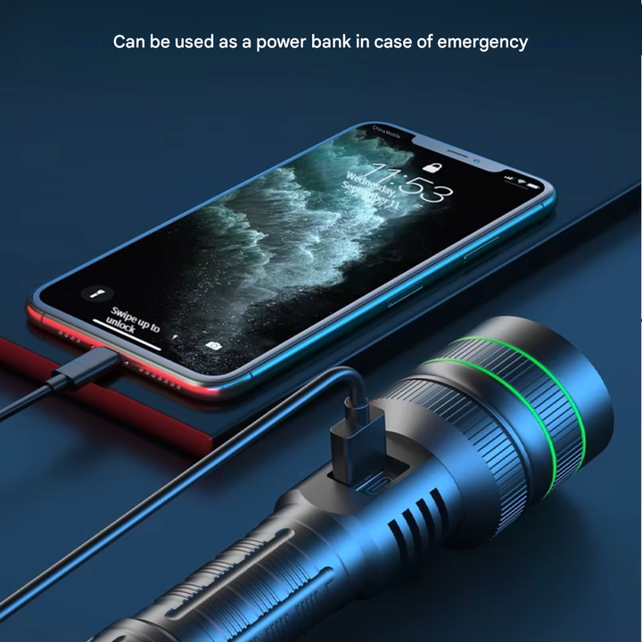 Bright LED flashlight, powerful zoomable torch for camping, outdoor, and emergency situations.
