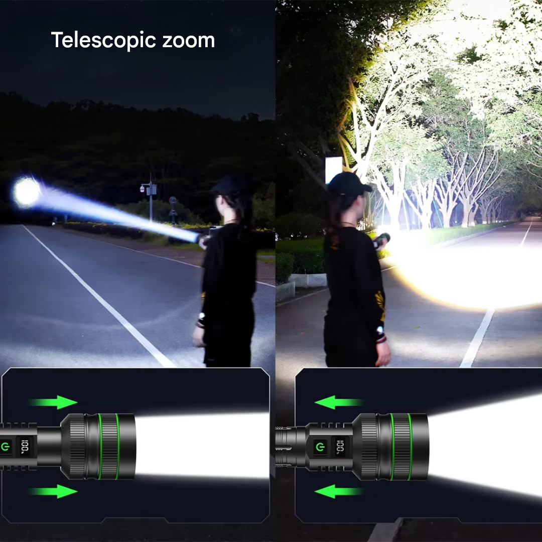 Handheld powerful zoomable LED flashlight. Extreme bright torch, durable for outdoor and DIY tasks.