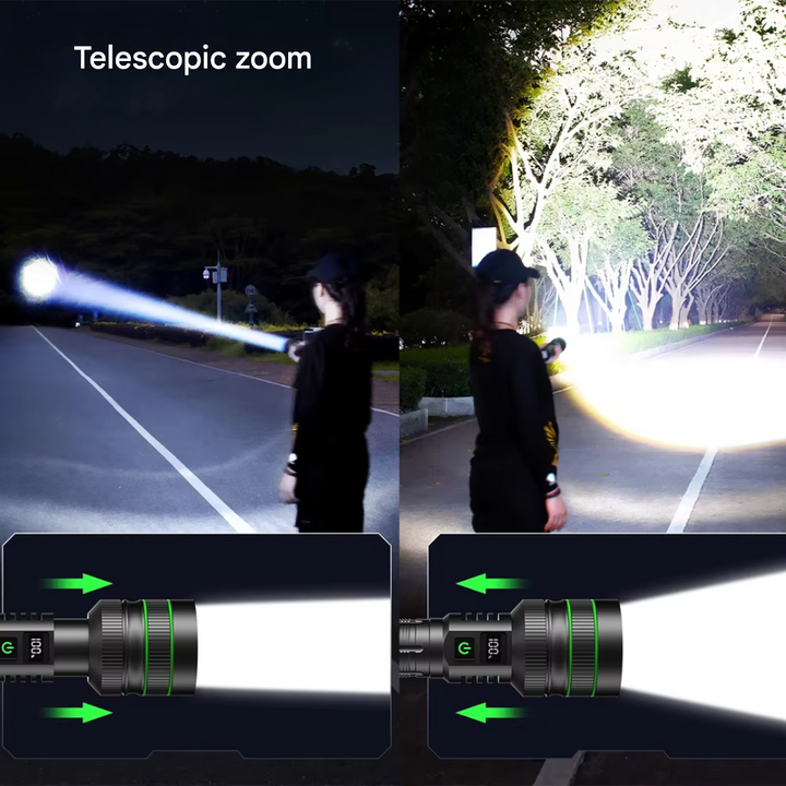 Handheld powerful zoomable LED flashlight. Extreme bright torch, durable for outdoor and DIY tasks.