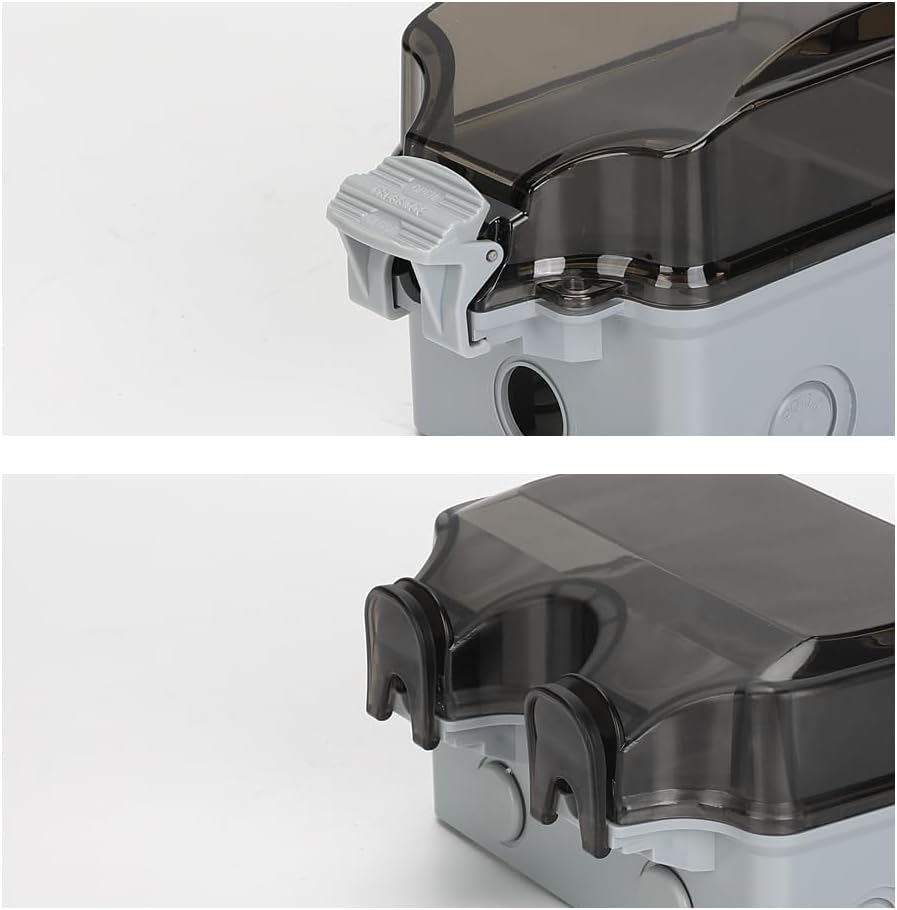 Close-up of a secure IP66 weatherproof outdoor electrical socket with a closed lockable cover.