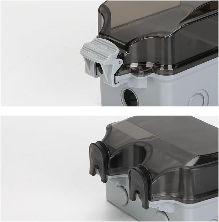 Close-up of PowerGuard IP66 weatherproof electrical outlet with secure, lockable cover, ideal for garden power