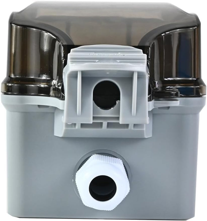Angled view of PowerGuard exterior power solution, gray waterproof lockable wall socket, IP66 certified