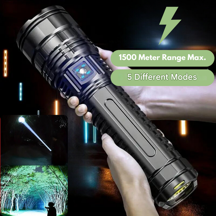 Durable PowerLume tactical flashlight for camping, hiking & survival; an essential outdoor adventure tool.