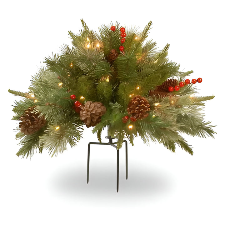 Festive pre-lit artificial Christmas urn filler. Ideal for outdoor & indoor holiday decoration, creating a winter wonderland.