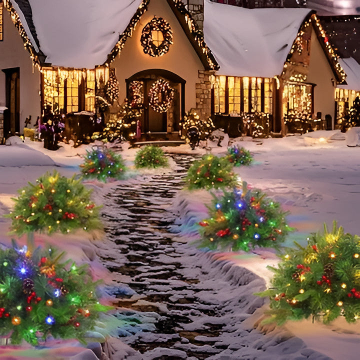 Lush "Feel Real" pre-lit artificial Christmas tree urn filler with bright LED lights, perfect for holiday display.