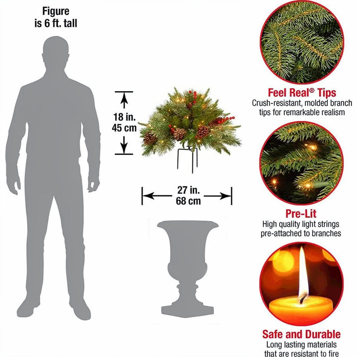 Realistic pre-lit artificial Christmas urn filler with "Feel Real" technology, providing a welcoming holiday glow.