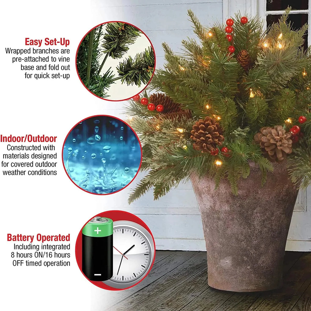 Versatile pre-lit artificial Christmas tree urn filler, great for festive outdoor patios or indoor entryway decor.