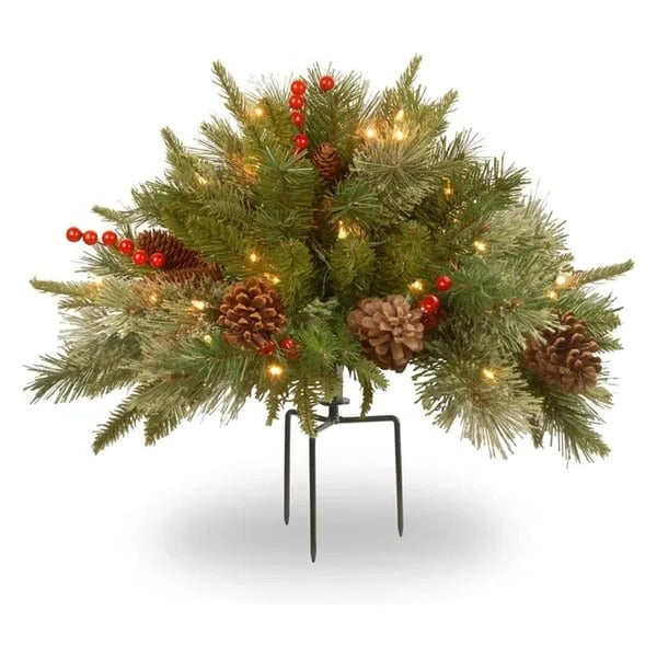 Artificial pre-lit Christmas urn filler, LED lights, red berries & pine cones for elegant indoor/outdoor display.