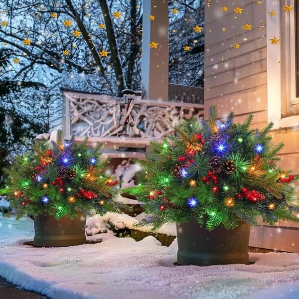 Realistic Feel Real pre-lit Christmas urn filler with LED lights, pine cones, & evergreen branches for home decor.