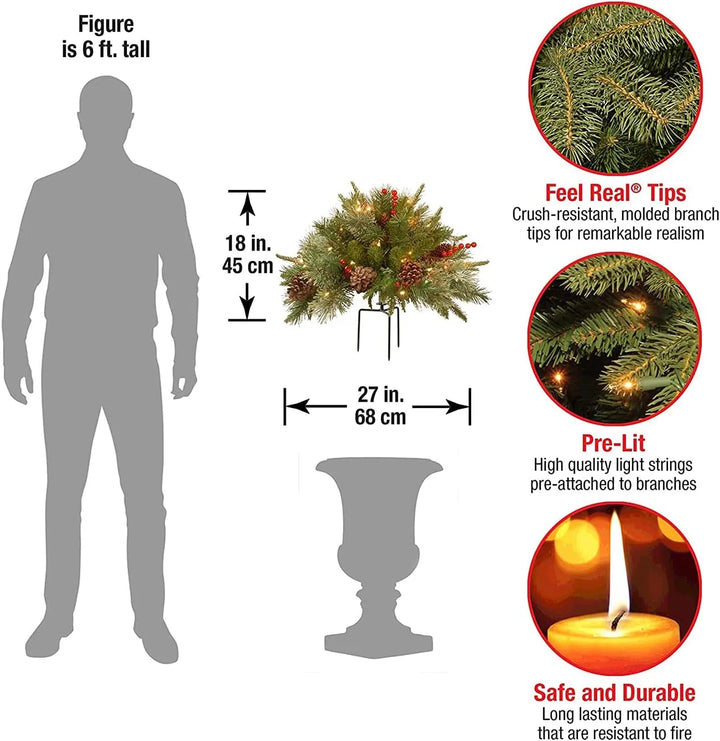 Outdoor pre-lit Christmas urn filler with LED lights, pine cones, red berries & evergreen branches.