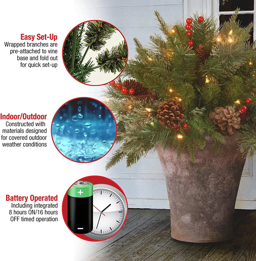 Indoor/outdoor pre-lit Christmas urn filler with bright LED lights, realistic pine cones & festive red berries.