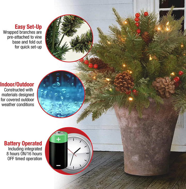 Indoor/outdoor pre-lit Christmas urn filler with bright LED lights, realistic pine cones & festive red berries.