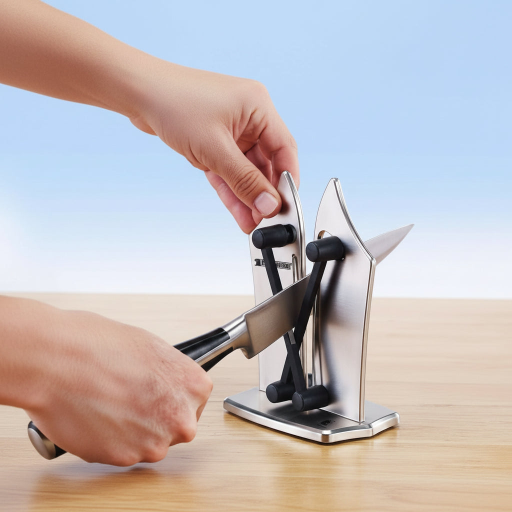 Compact precision knife sharpener, an essential kitchen gadget for quick & improved blade care.