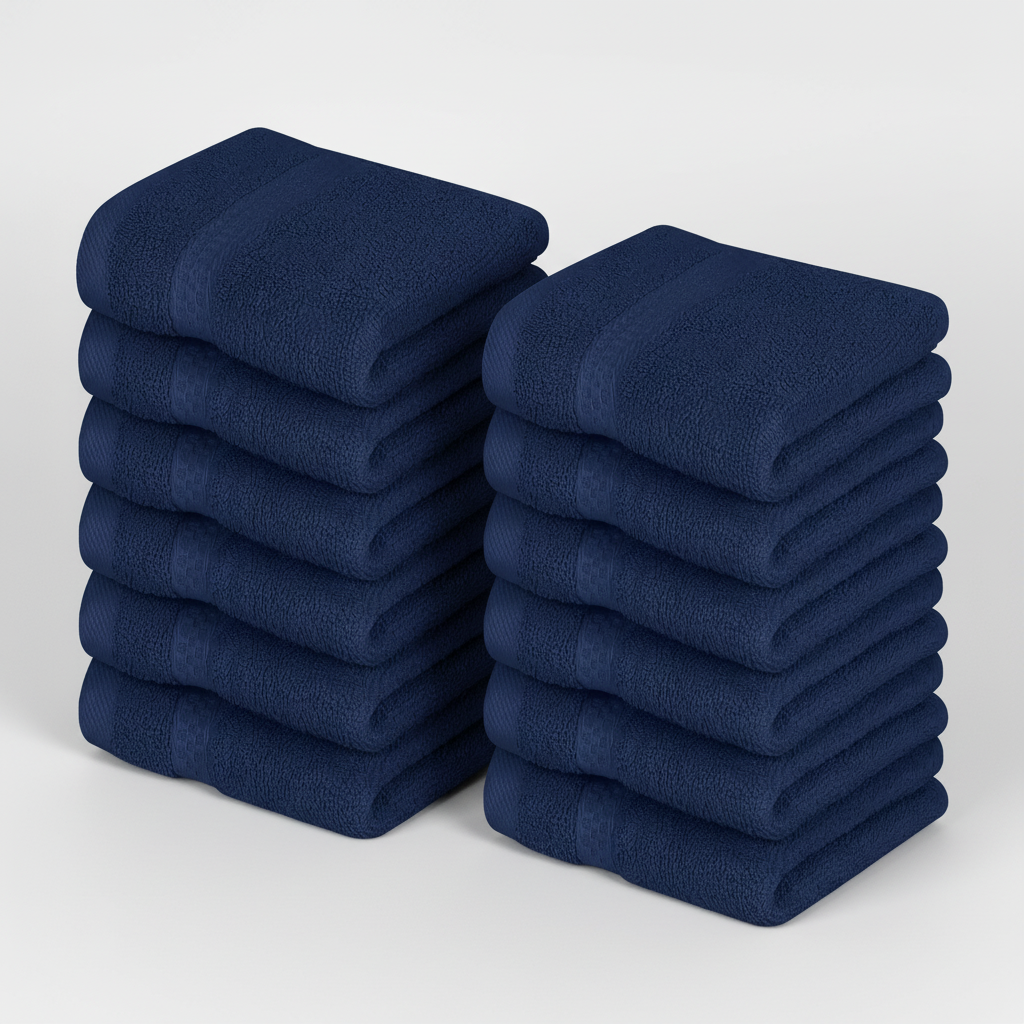 Twelve-pack Premium QuickTowel washcloth set, neatly arranged, emphasizing quality and comfort