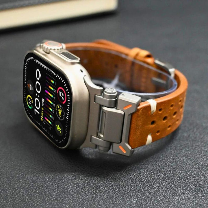 Premium brown leather smartwatch band for unisex wearers. Durable & stylish accessory.