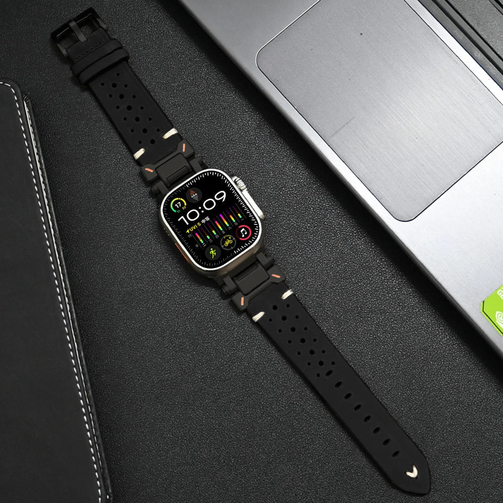 Elegant black leather smartwatch strap, a classic unisex accessory for various devices.